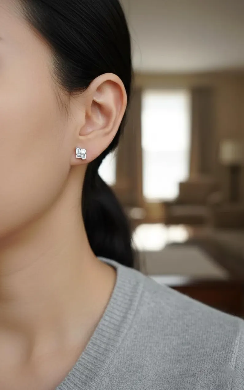 Brilliant Gold Diamond Stud Earrings for Women Featuring Baguette Cut Cluster in Square Formation Fine Jewelry Chic Everyday Gift Fine Jewelry for Modern Looks - Image 2