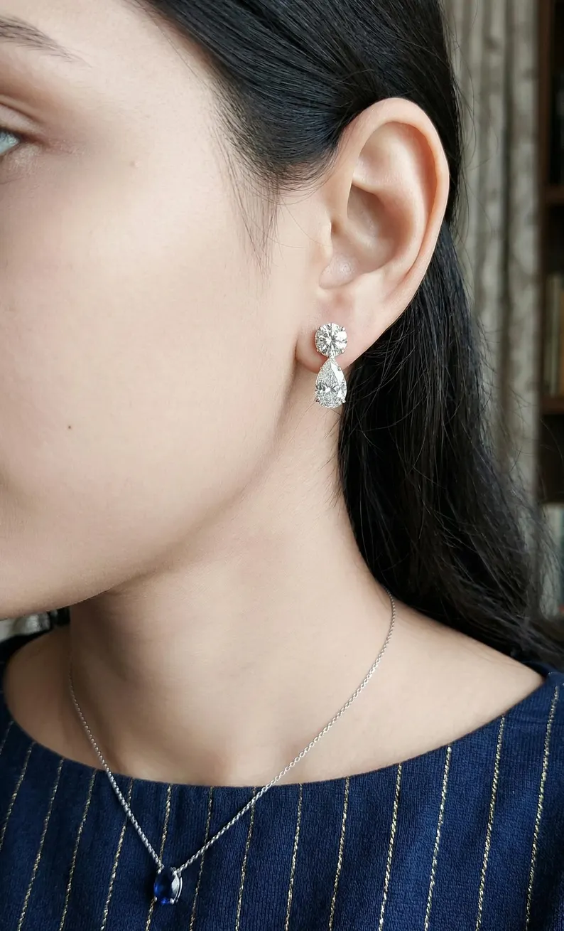 egant Diamond Drop Earrings with Round and Pear Cut Stones 14k White Gold Dangle Earrings for Women, Anniversary & Wedding Gift & Special Occasion Jewelry - Image 3