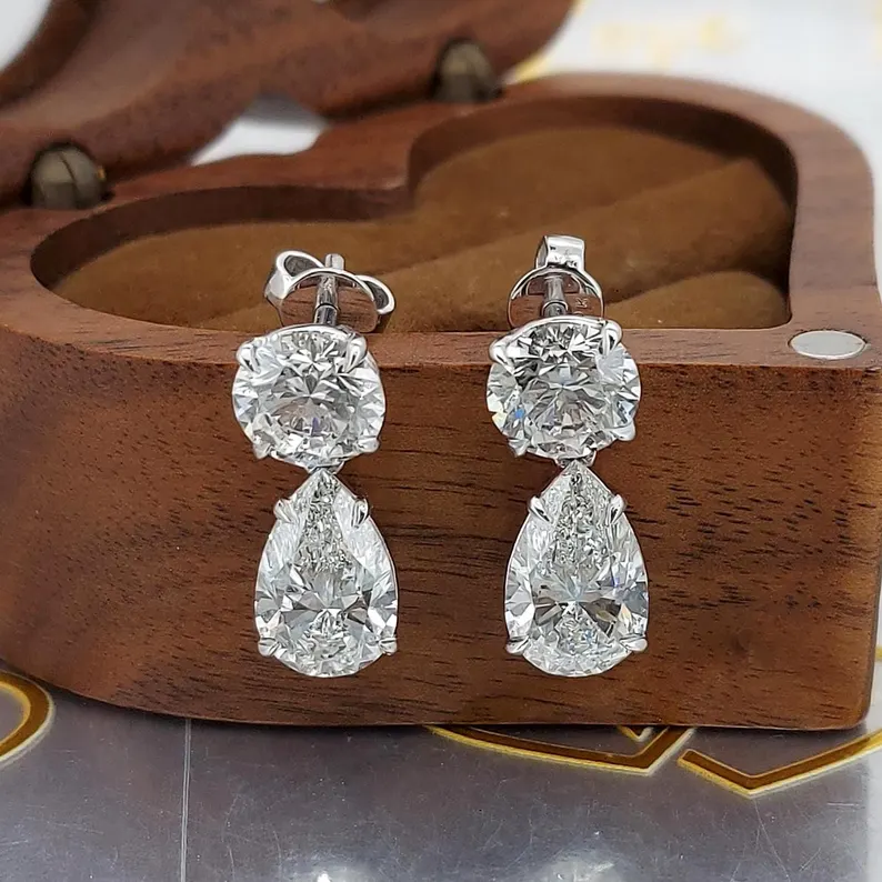 egant Diamond Drop Earrings with Round and Pear Cut Stones 14k White Gold Dangle Earrings for Women, Anniversary & Wedding Gift & Special Occasion Jewelry - Image 4