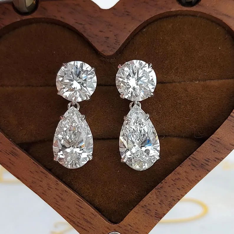 egant Diamond Drop Earrings with Round and Pear Cut Stones 14k White Gold Dangle Earrings for Women, Anniversary & Wedding Gift & Special Occasion Jewelry - Image 2