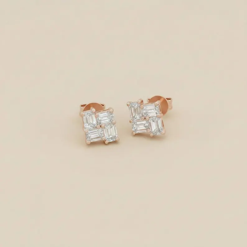 Brilliant Gold Diamond Stud Earrings for Women Featuring Baguette Cut Cluster in Square Formation Fine Jewelry Chic Everyday Gift Fine Jewelry for Modern Looks - Image 4