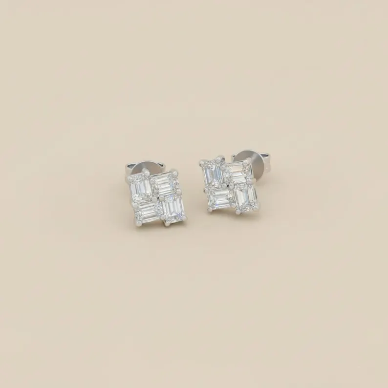 Brilliant Gold Diamond Stud Earrings for Women Featuring Baguette Cut Cluster in Square Formation Fine Jewelry Chic Everyday Gift Fine Jewelry for Modern Looks - Image 3