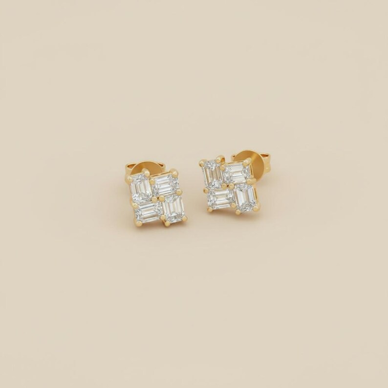 Brilliant Gold Diamond Stud Earrings for Women Featuring Baguette Cut Cluster in Square Formation Fine Jewelry Chic Everyday Gift Fine Jewelry for Modern Looks
