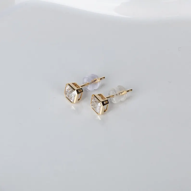 Elegant Asscher Cut Diamond Stud Earrings in 14k Yellow Gold, Octagonal Step Cut Solitaire with Modern Bezel Setting, Vintage Art Deco Inspired Design with Clean Geometric Lines, Timeless Minimalist Fine Jewelry Gift for Women - Image 5