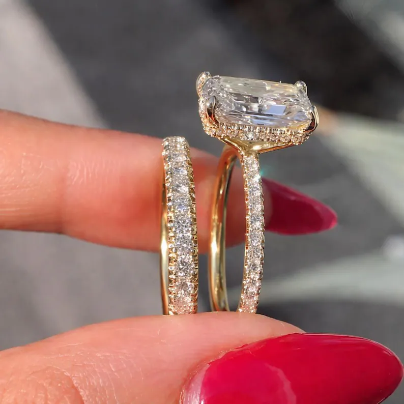 Elegant Radiant Cut Diamond Engagement Ring Set in 14K Yellow Gold Hidden Halo Solitaire with Double Pave Diamond Bands, Luxury Bridal Set, Modern Classic Fine Jewelry Gift for Her - Image 2