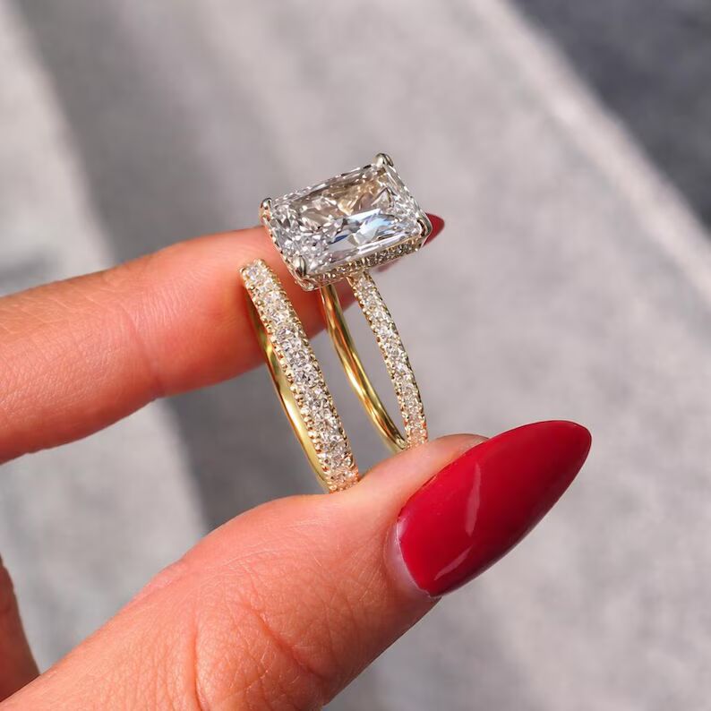 Elegant Radiant Cut Diamond Engagement Ring Set in 14K Yellow Gold Hidden Halo Solitaire with Double Pave Diamond Bands, Luxury Bridal Set, Modern Classic Fine Jewelry Gift for Her - Image 4