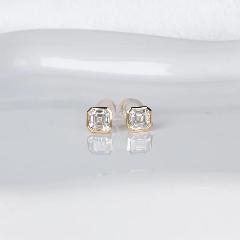 Elegant Asscher Cut Diamond Stud Earrings in 14k Yellow Gold, Octagonal Step Cut Solitaire with Modern Bezel Setting, Vintage Art Deco Inspired Design with Clean Geometric Lines, Timeless Minimalist Fine Jewelry Gift for Women - Image 2