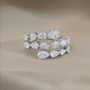 Creative Wrap Style Ring Multi Pear Shaped Diamond Cluster Ring in 14K White Gold Triple Row Teardrop Diamond Statement Band, Elegant Layered Wedding Ring, Modern Stackable Fine Jewelry Gift for Her