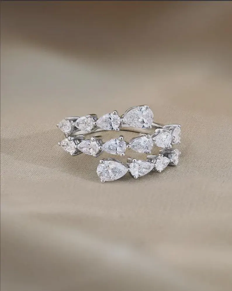 Creative Wrap Style Ring Multi Pear Shaped Diamond Cluster Ring in 14K White Gold Triple Row Teardrop Diamond Statement Band, Elegant Layered Wedding Ring, Modern Stackable Fine Jewelry Gift for Her