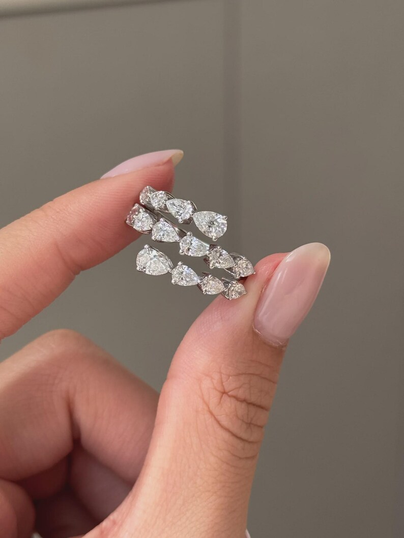 Creative Wrap Style Ring Multi Pear Shaped Diamond Cluster Ring in 14K White Gold Triple Row Teardrop Diamond Statement Band, Elegant Layered Wedding Ring, Modern Stackable Fine Jewelry Gift for Her - Image 3
