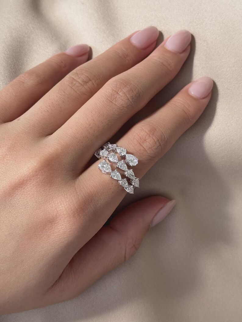 Creative Wrap Style Ring Multi Pear Shaped Diamond Cluster Ring in 14K White Gold Triple Row Teardrop Diamond Statement Band, Elegant Layered Wedding Ring, Modern Stackable Fine Jewelry Gift for Her - Image 5