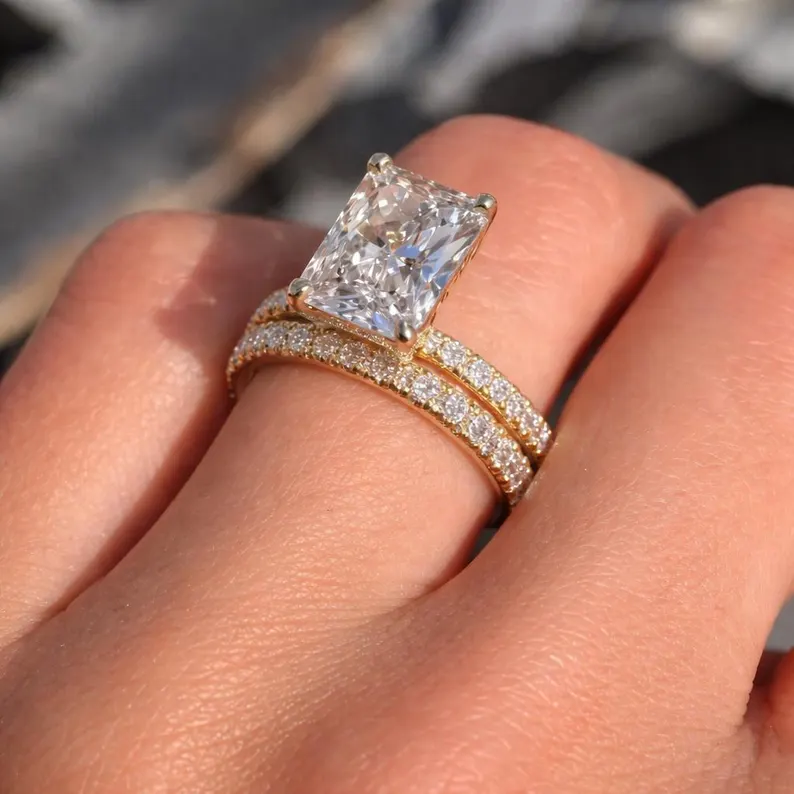 Elegant Radiant Cut Diamond Engagement Ring Set in 14K Yellow Gold Hidden Halo Solitaire with Double Pave Diamond Bands, Luxury Bridal Set, Modern Classic Fine Jewelry Gift for Her - Image 3