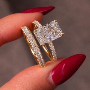 Elegant Radiant Cut Diamond Engagement Ring Set in 14K Yellow Gold Hidden Halo Solitaire with Double Pave Diamond Bands, Luxury Bridal Set, Modern Classic Fine Jewelry Gift for Her
