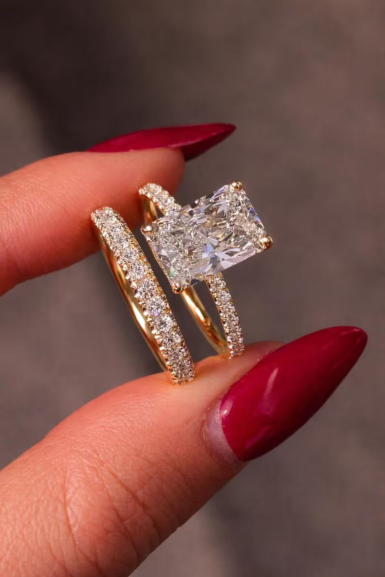 Elegant Radiant Cut Diamond Engagement Ring Set in 14K Yellow Gold Hidden Halo Solitaire with Double Pave Diamond Bands, Luxury Bridal Set, Modern Classic Fine Jewelry Gift for Her