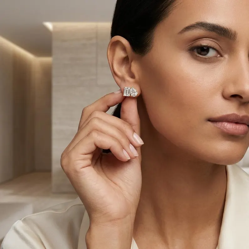Fine Gold Diamond Earrings Showcasing Emerald Cut and Pear Shape Design Classic Yet Modern Jewelry Piece for Women Gift for Special Moments Jewelry for Women Bridal Inspired Gift Idea - Image 2