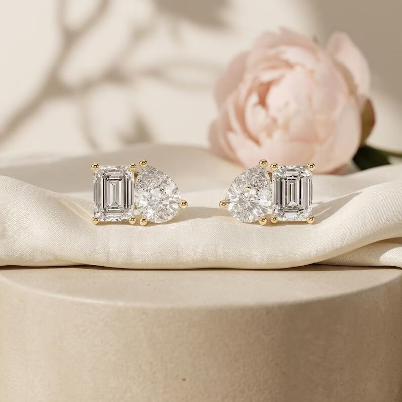 Fine Gold Diamond Earrings Showcasing Emerald Cut and Pear Shape Design Classic Yet Modern Jewelry Piece for Women Gift for Special Moments Jewelry for Women Bridal Inspired Gift Idea