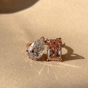 Dazzling Dual Diamond Ring Set in 14K Rose Gold Pear Cut and Radiant Cut Large Solitaire Engagement Rings, Statement Bridal Jewelry with Fancy Colored Diamond Option, Elegant Fine Jewelry Gift for Her