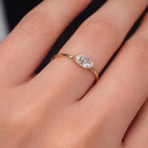 Minimalist Oval Cut Diamond Solitaire Ring in 14K Yellow Gold Dainty Bezel Set Engagement Ring, Elegant Thin Band Fine Jewelry, Everyday Wear Gift for Her
