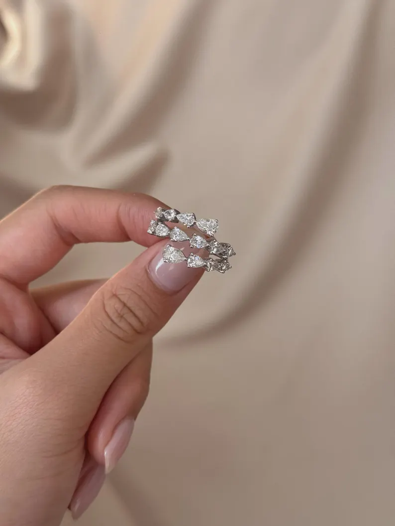 Creative Wrap Style Ring Multi Pear Shaped Diamond Cluster Ring in 14K White Gold Triple Row Teardrop Diamond Statement Band, Elegant Layered Wedding Ring, Modern Stackable Fine Jewelry Gift for Her - Image 4