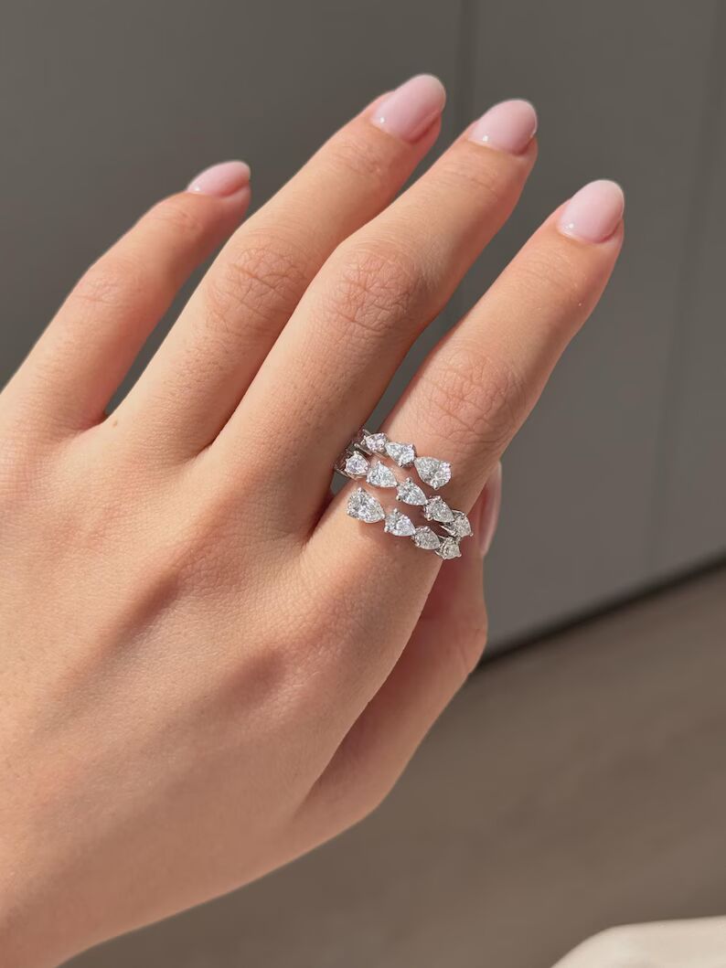 Creative Wrap Style Ring Multi Pear Shaped Diamond Cluster Ring in 14K White Gold Triple Row Teardrop Diamond Statement Band, Elegant Layered Wedding Ring, Modern Stackable Fine Jewelry Gift for Her - Image 2