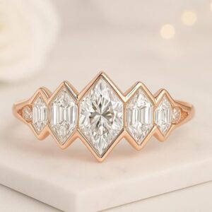 Maravelle 14K Gold Marquise Diamond Multi Stone Band Ring for Women Chevron Inspired Cluster Design Fine Jewelry Statement Engagement Gift, featuring a modern art deco style with bold symmetry and elegant sparkle