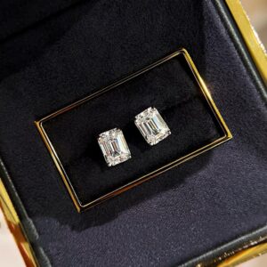 Modern Bridal Emerald Cut Moissanite Studs in 925 Sterling Silver Elegant Hallmarked Wedding Jewelry Ice Crushed Step Cut Solitaire Earrings