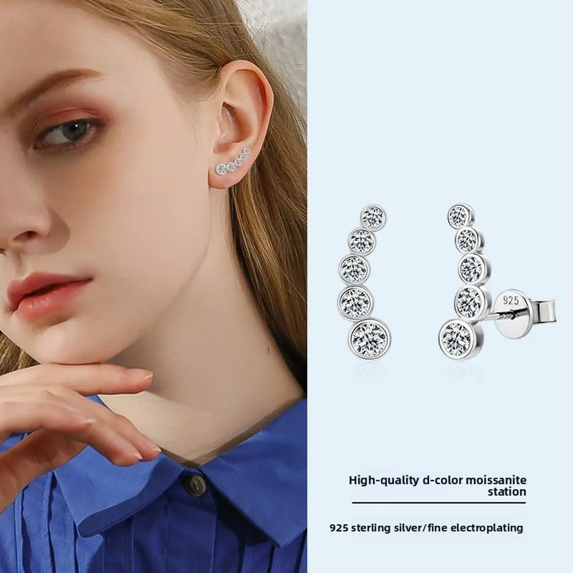 Luxury 925 Sterling Silver Round Cut Moissanite Climbing Earrings Bezel Set Graduated Ear Cuff Style Earrings for Women Elegant Bridal Wedding Anniversary Jewelry - Image 3