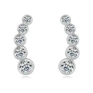 Luxury 925 Sterling Silver Round Cut Moissanite Climbing Earrings Bezel Set Graduated Ear Cuff Style Earrings for Women Elegant Bridal Wedding Anniversary Jewelry