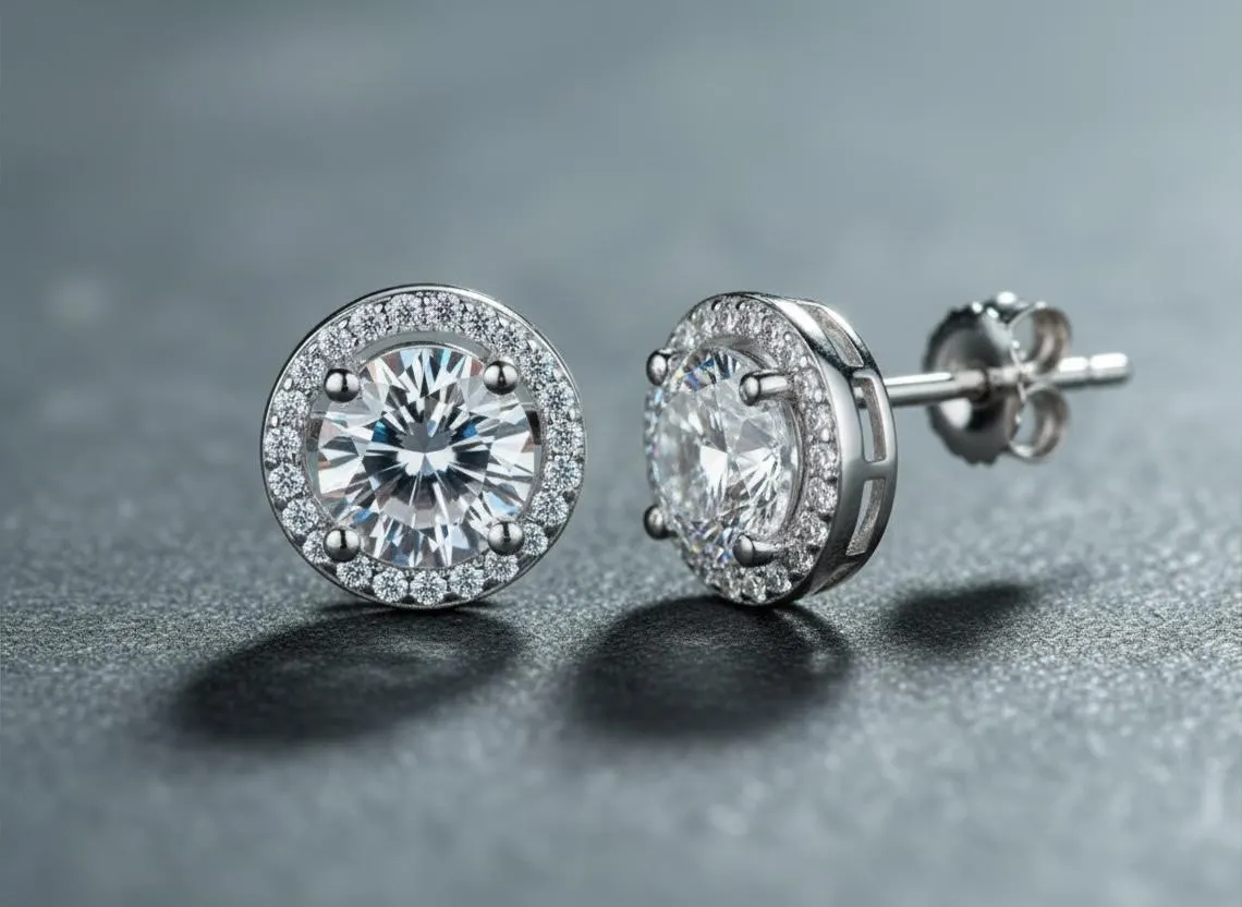 Round Cut 925 Sterling Silver Moissanite Halo Stud Earrings Sterling Silver Round Studs Bridal Earrings Minimalist Earrings Elegant Rectangular Bridal Jewelry for Women - Image 2