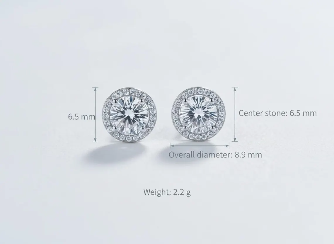 Round Cut 925 Sterling Silver Moissanite Halo Stud Earrings Sterling Silver Round Studs Bridal Earrings Minimalist Earrings Elegant Rectangular Bridal Jewelry for Women - Image 5