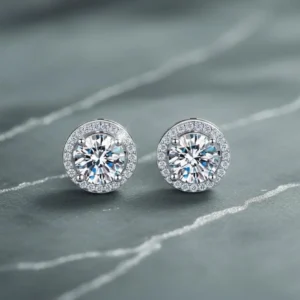 Round Cut 925 Sterling Silver Moissanite Halo Stud Earrings Sterling Silver Round Studs Bridal Earrings Minimalist Earrings Elegant Rectangular Bridal Jewelry for Women