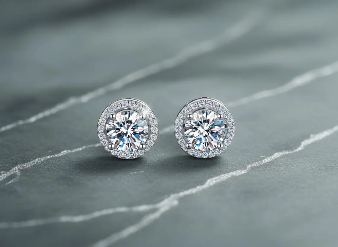 Round Cut 925 Sterling Silver Moissanite Halo Stud Earrings Sterling Silver Round Studs Bridal Earrings Minimalist Earrings Elegant Rectangular Bridal Jewelry for Women