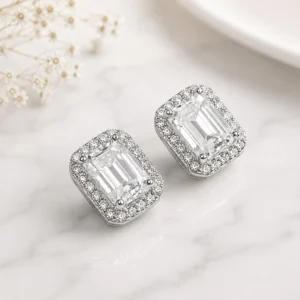 Modern 925 Sterling Silver Moissanite Halo Stud Earrings Featuring Emerald Cut Center Stones Elegant Bridal and Anniversary Jewelry for Women