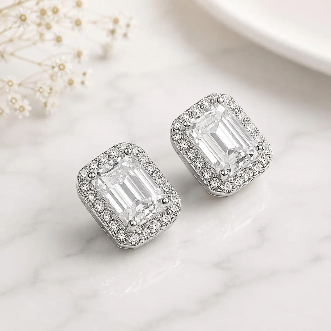 Modern 925 Sterling Silver Moissanite Halo Stud Earrings Featuring Emerald Cut Center Stones Elegant Bridal and Anniversary Jewelry for Women