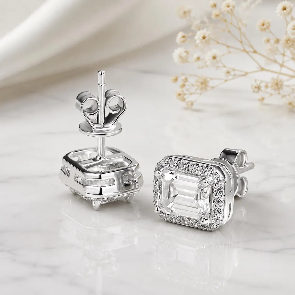 Modern 925 Sterling Silver Moissanite Halo Stud Earrings Featuring Emerald Cut Center Stones Elegant Bridal and Anniversary Jewelry for Women - Image 3